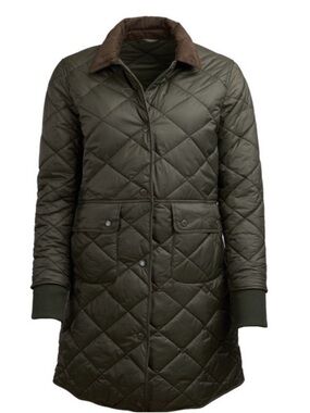 Barbour Olive Green Quilted Long Coat with Brown Corduroy Collar